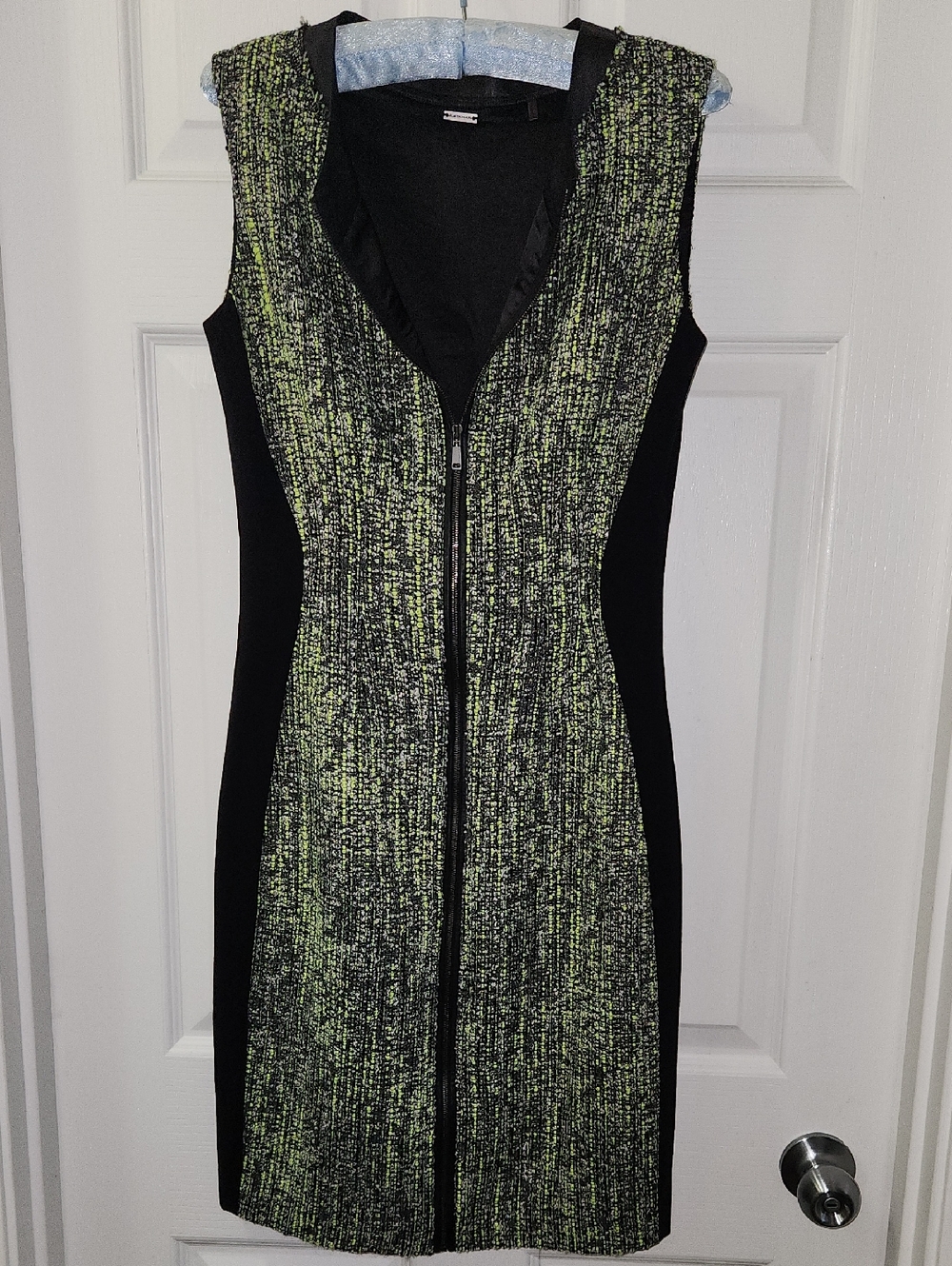 Elie Tahari Black and Lime Green Tweed Midi Dress